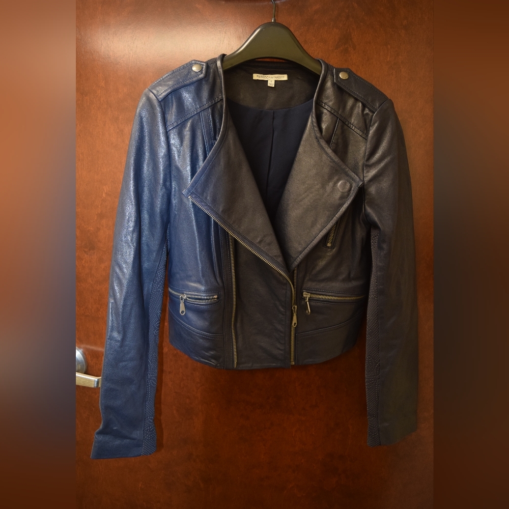 Rebecca Minkoff Small Blue Leather Perforated Moto Jacket Originally $595